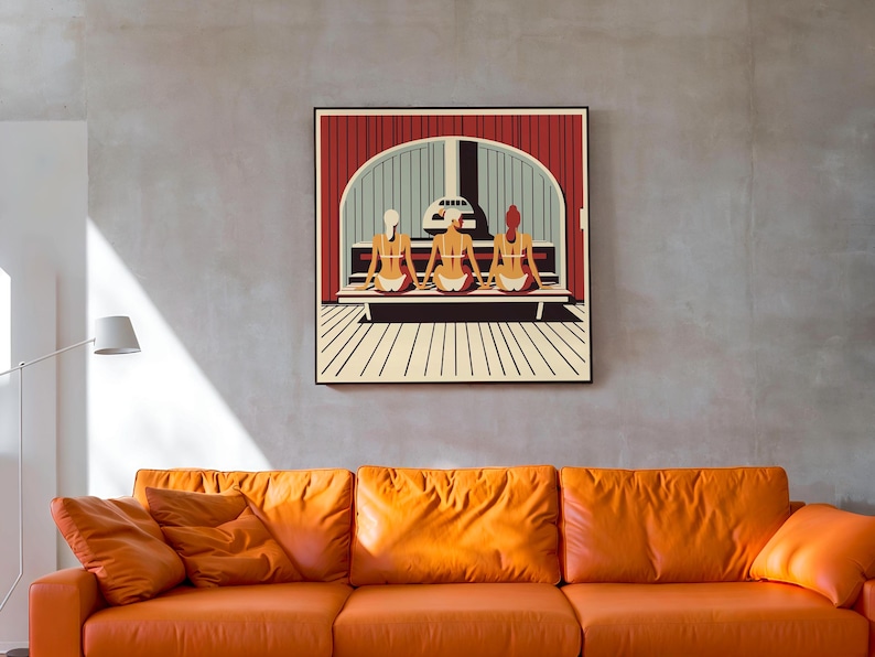 Scandinavian Women in Finnish Sauna for Cool Unique Spa Wall Art I Sauna Lover Gift I Three Ladies Chilling I Large Square Frame Included