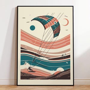 May include: A colorful abstract illustration of a person kitesurfing on a wave. The kite is a teal and red geometric design against a background of peach, cream, and teal waves.