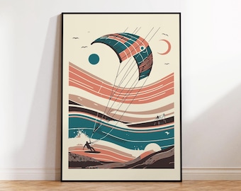 Może przedstawiać: Kolorowa abstrakcyjna ilustracja osoby uprawiającej kitesurfing na fali. Latawiec ma geometryczny wzór w kolorze turkusowym i czerwonym na tle fal w kolorze brzoskwiniowym, kremowym i turkusowym.