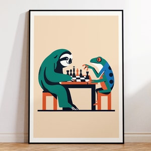 Frog and Sloth Playing Chess Print - Colorful Quirky Animals Poster Art for Gallery Wall I Printable Download I Gift for Chess Player