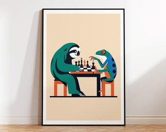 Frog and Sloth Playing Chess Print - Colorful Quirky Animals Poster Art for Gallery Wall I Printable Download I Gift for Chess Player