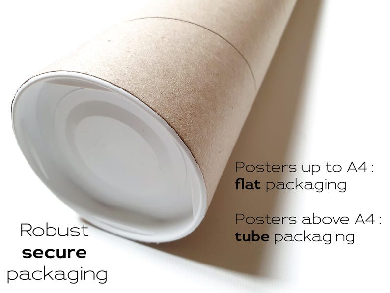 May include: A cardboard tube with a white plastic end cap. The text on the tube reads "Posters up to A4: flat packaging" and "Posters above A4: tube packaging".