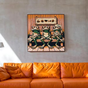 Frogs Sweating in the Sauna Poster for Cool Nordic Wall Art I Square Framed Eclectic Quirky Finnish Sauna Print I Fun Sauna Lover Gift