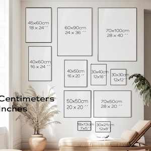 May include: A white wall with a variety of black framed prints showing different sizes in both inches and centimeters. The prints are arranged in a grid pattern. The text "Centimeters Inches" is written in black below the prints.
