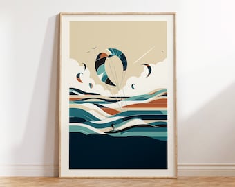 Kitesurfing Graphic Art Framed Poster for Kiteboarding Enthusiast Wall Decor, Abstract Kitesurfer with Kite in the Sea for Contemporary Home