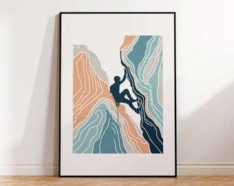 Rock Climber Between Two Cliffs - Abstract Graphic Art Print for Scandinavian Contemporary Home, Rock Climbing Wall Art for Climbers