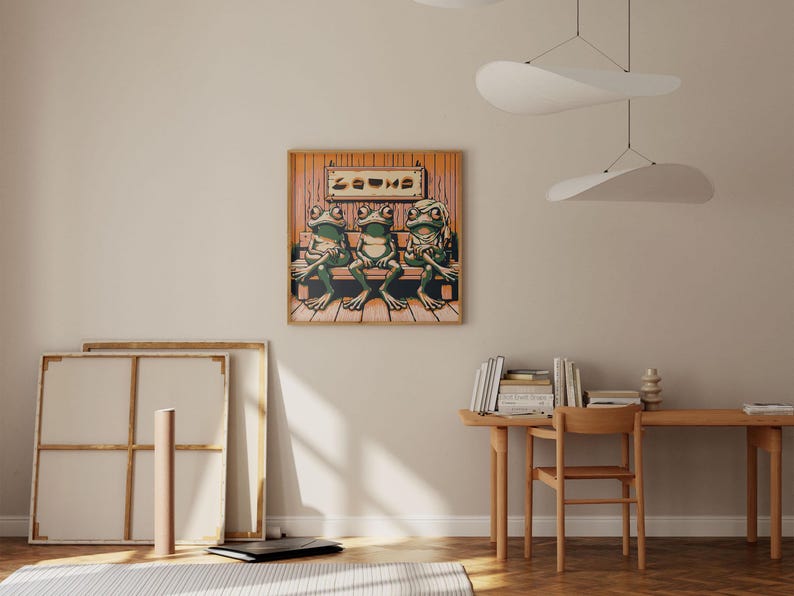 Frogs Sweating in the Sauna Poster for Cool Nordic Wall Art I Square Framed Eclectic Quirky Finnish Sauna Print I Fun Sauna Lover Gift