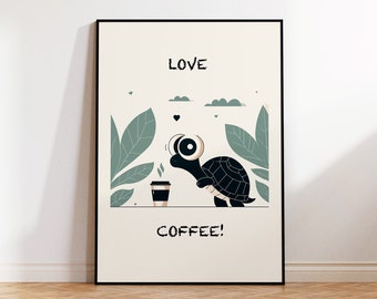 Funny Turtle with Coffee Cup Wall Art Print for Kitchen Interior, Tortoise with Big Eyes for Coffee Lover Home, Turtle in Love with Coffee