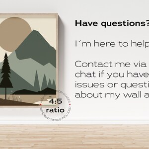 May include: A digital illustration of a mountain range with a large sun in the background. The mountains are green and brown, and the sun is a light brown color. The image is framed in a light wood frame. The text "4:5 ratio" is visible in the lower right corner of the image.