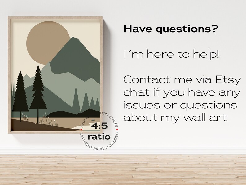 May include: A digital illustration of a mountain range with a large sun in the background. The mountains are green and brown, and the sun is a light brown color. The image is framed in a light wood frame. The text "4:5 ratio" is visible in the lower right corner of the image.