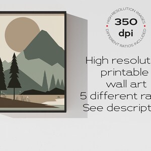 May include: A digital illustration of a mountain landscape with a large sun, two pine trees, and a lake. The colors are muted greens, browns, and tans. The image is framed in a black frame.