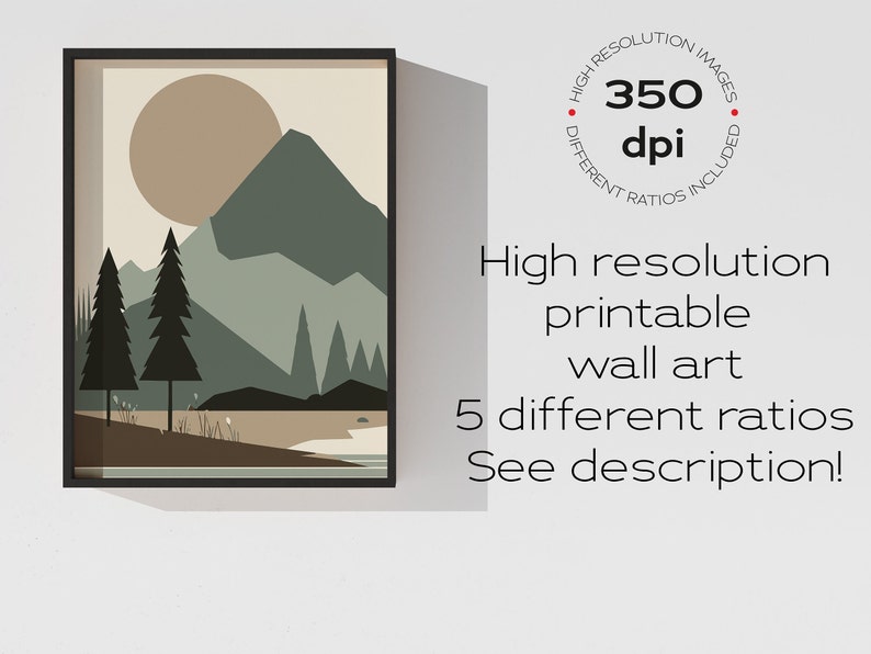 May include: A digital illustration of a mountain landscape with a large sun, two pine trees, and a lake. The colors are muted greens, browns, and tans. The image is framed in a black frame.