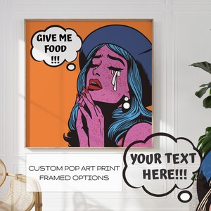 Może przedstawiać: Ilustracja w stylu pop-art przedstawiająca kobietę z niebieskimi włosami w niebieskim berecie. Płacze i ma nad głową dymkę z tekstem "Daj mi jedzenie!!!".
