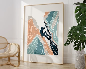 Wall Art Print for Mountain Climbing Enthusiasts - Rock Climber Between Two Cliffs, Rock Climber Poster for Edgy Home, Framed / Unframed