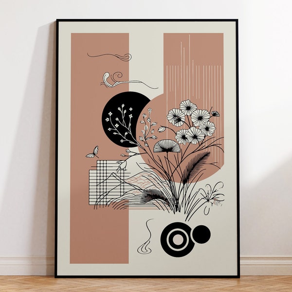 Printable Japandi Poster for Boho Home Wall Art, Abstract Print with Mountains and Flowers in Pastel Colors and Black Graphic Line Art