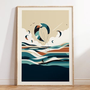 Abstract Kitesurfer Wall Art Print for Modern Surfer Home Decor, Printable Graphic Art Poster of a Man Kitesurfing in the Ocean Waves