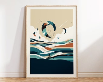 Abstract Kitesurfer Wall Art Print for Modern Surfer Home Decor, Printable Graphic Art Poster of a Man Kitesurfing in the Ocean Waves