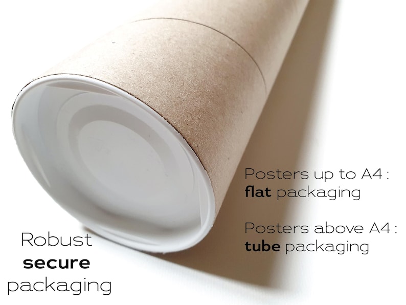 May include: A cardboard tube with a white plastic end cap. The text on the tube reads "Posters up to A4: flat packaging" and "Posters above A4: tube packaging".