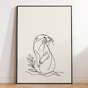 Könnte beinhalten: Linienzeichnung eines Otters vor einem einfachen Hintergrund aus Wasser und Schilf. Der Otter ist in einer einzigen durchgehenden Linie gezeichnet.