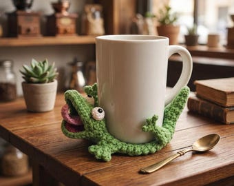 Crochet Lizard Mug Holder, Amigurumi Cup Cozy Handmade, Cute Animal Coaster, Kawaii Gift, Funny Desk Decor