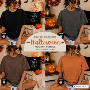 以下が含まれることがあります： Comfort Colors 1717 ハロウィンモックアップバンドル。ブラック、ダークグレー、ブラウン、オレンジの半袖Tシャツ4枚セット。カボチャや「Trick or Treat」と書かれたクッションが置かれた、お祝いの雰囲気の中で各Tシャツが展示されています。