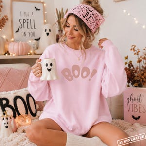 Gildan 18000 Light Pink Halloween Mockup | Sweatshirt Mock | Crochet Bandana | Trendy TikTok Style | Spooky Fall Shirt Mockup