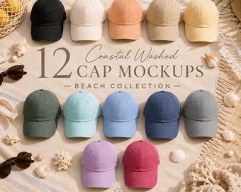 Pacote de Mockups de Bonés Comfort Colors Coastal Washed – 12 Cores | Mockups de Praia para Vendedores do Etsy e de Impressão Sob Demanda