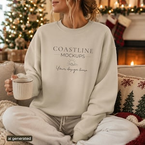 May include: A beige crewneck sweatshirt featuring black text that reads COASTLINE MOCKUPS above a graphic of a sun and waves, with the script text Your design here below. The sweatshirt has long sleeves and a ribbed collar, cuffs, and hem.
