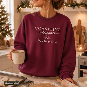 May include: A maroon long-sleeve crewneck sweatshirt featuring the white printed text COASTLINE MOCKUPS above a graphic of a sun rising over waves and the script text Your design here, held with a speckled beige ceramic mug in one hand.
