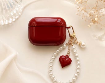 Cherry Red Airpods Case Case for Airpods 1/2 And AirPods  Pro 1/2/3 Red Hearts Design Case Blue Case Includes Pearl charm Custom initial