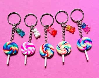 Candy Keychain 1x Rainbow Swirl Lollipop Candy Gummy Bear Keyring