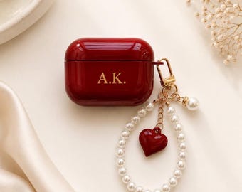 Cherry Red Airpods Case Case for Airpods 1/2 And AirPods  Pro 1/2/3 Red Hearts Design Case Blue Case Includes Pearl charm Custom initial