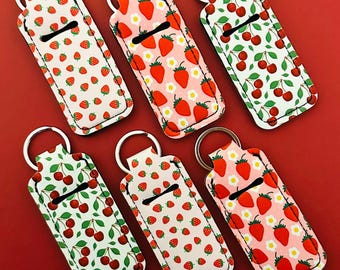 Strawberry Print Lip Balm Holder Keychain - Chapstick Keyring