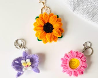 Pipecleaner Flower Keychain Handmade Sunflower | Orchid | Gerbera bag charm