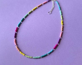 Rainbow Seed Bead Necklace: Handbeaded Adjustable Glass Beads
