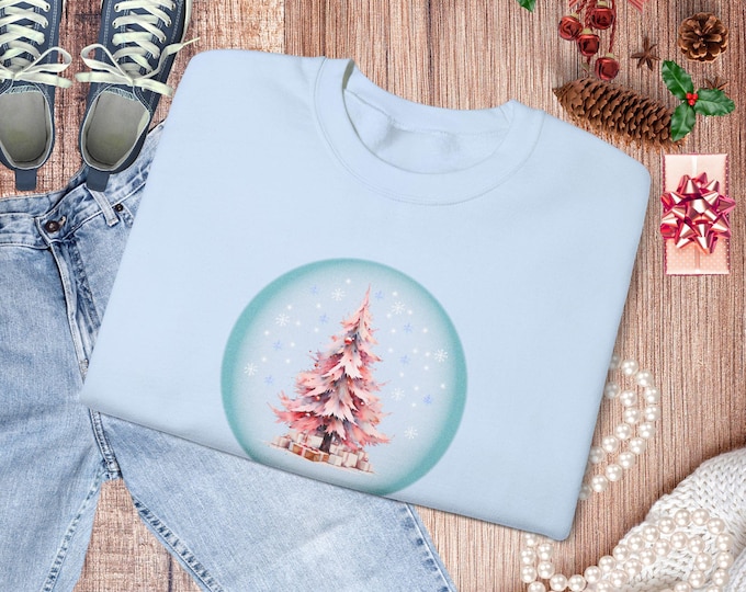 Featured listing image: Pink Christmas Sweatshirt Cute Pastel Christmas Tree Pullover Snowglobe Matching Family Sweater Pastel Holiday Shirt Christmas Gift for Her