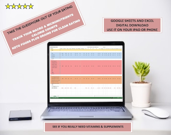 Featured listing image: Nutrition Food Tracker Keto Macro & Micro Nutrients Planner, Daily Calorie Counts, Instant Supplement and Vitamin Tracking Womens Download