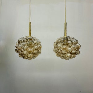 Set of 2 Amber Bubble Glass Pendants by Helena Tynell for Limburg Glashütte , Germany, 1970s