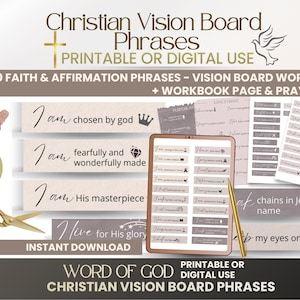 May include: A digital download graphic with the text "Christian Vision Board Phrases". The image includes phrases like "I am chosen by God" and "I live for His glory". Also included are a tablet, scissors, and a pen.