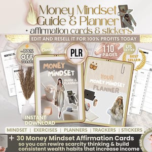Money Mindset Guide & Planner with PLR + Wealth Affirmations, DFY Limiting Beliefs E-book Resell Rights, digital product to sell on Etsy