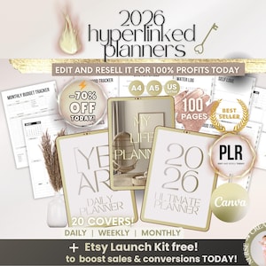 May include: Digital planners for 2026 in a gold and white design. The image shows planner covers, a "-70% OFF TODAY!" badge, and text that reads "EDIT AND RESELL IT FOR 100% PROFITS TODAY". The planners are available in A4, A5, and US Letter sizes.