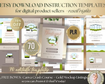 Paquete de 70 plantillas de instrucciones de descarga de Etsy, herramientas editables de Canva para la entrega de productos digitales, páginas de agradecimiento con derechos de reventa PLR