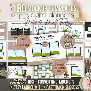 May include: A promotional image for digital planners and mockups. The image features various layouts with text such as "180 Mockup Templates" and "Edit & Resell Today." The color scheme is neutral with beige and brown tones. The image also includes the text "Instant Download" and "Etsy Launch Kit."