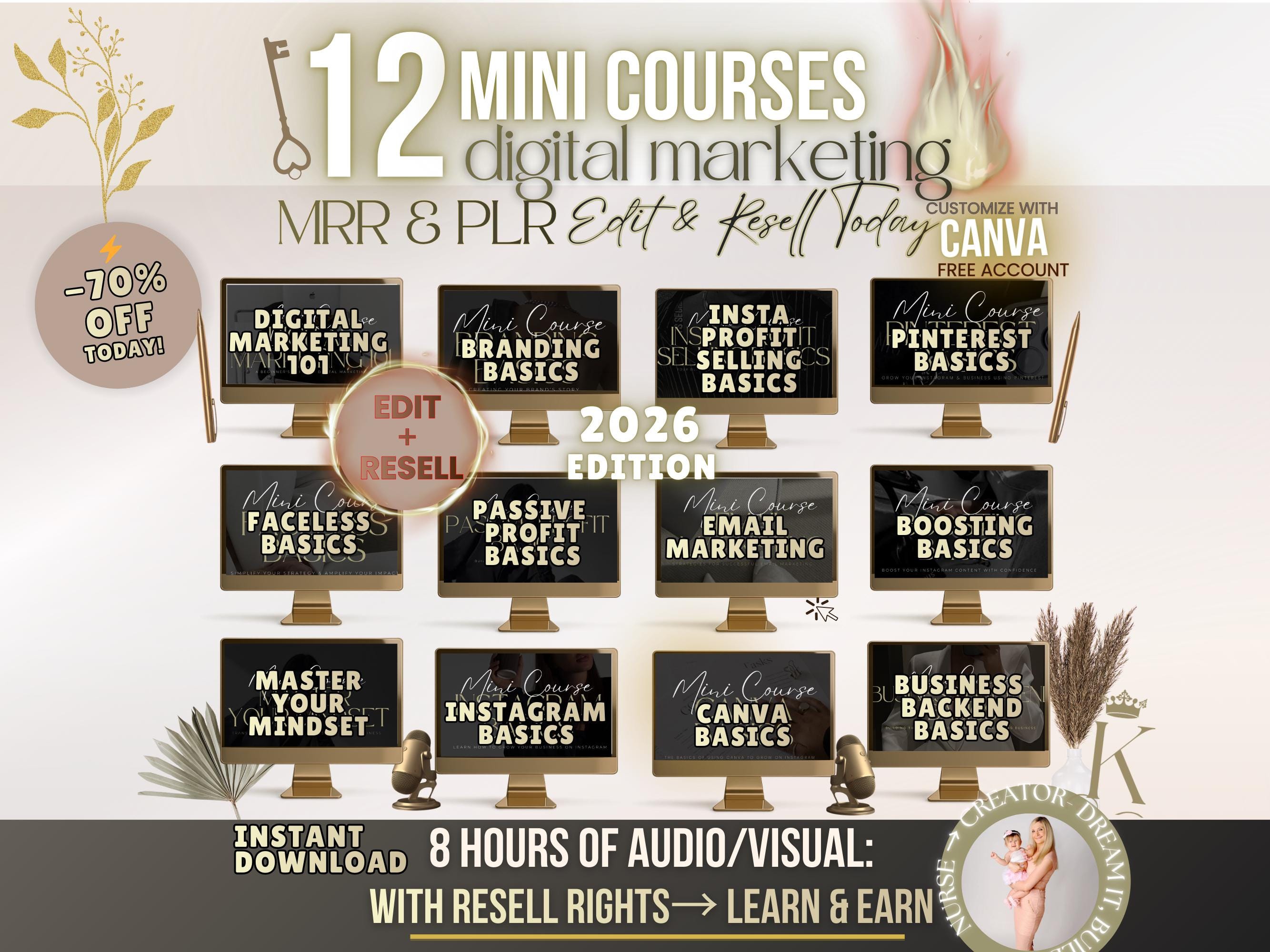 12 Mini Courses Digital Marketing PLR Rights, MRR, Canva Editable ...