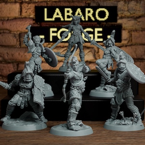 May include: Set of six gray plastic miniature figures of fantasy warriors, each with a unique weapon and pose. The figures are standing on round bases. The figures are labeled "Labaro Forge".