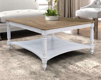 Square Farmhouse Table | Distressed White Coffee Table with Storage Shelf | Rustic Wood Cocktail Table | Cottage Living Room Centerpiece