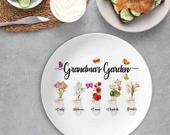 Assiette personnalisée jardin de grand-mère assiette fleurs mois de naissance assiette familiale personnalisée cadeau fête des mères assiettes dîner plateau de service