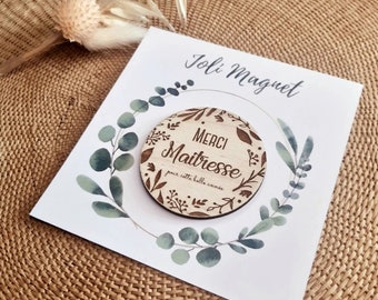 Engraved wooden magnet, plant motif - End of year gift for teacher, nanny, assistant teacher, etc.