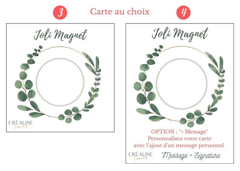 May include: Two blank white cards with a green wreath design and the text "Joli Magnet" at the top. The card on the right has the text "OPTION: + Message" and "Personnalisez votre carte avec l'ajout d'un message personnel" and "Message + Signature" at the bottom.