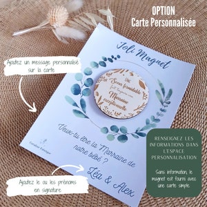 May include: A white card with a wooden magnet featuring a floral design and the text "Une Seur formidable fait toujours une Marraine exceptionnelle". The card has a blue and green floral design and the text "Joli Magnet" and "Option Carte Personnalis&eacute;e".